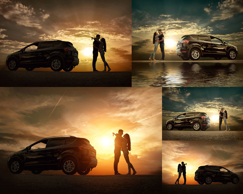 汽车与情侣夕阳风景摄影高清图片