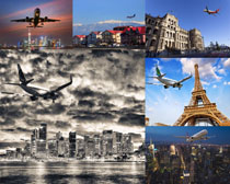 飞机与城市建筑摄影高清图片