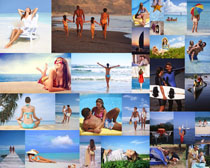 大海沙灘一家人攝影高清圖片