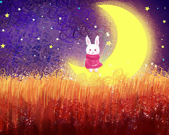 月亮下的小兔子插画PSD素材