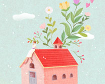 卡通小房子花朵插画PSD素材