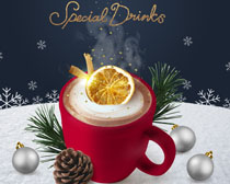 圣诞节咖啡柠檬绘画PSD素材