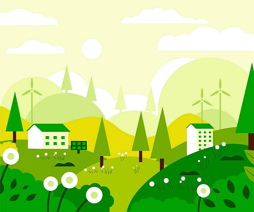 绿化环保风车房屋绘画矢量素材