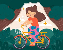 森林环保自行车卡通女孩矢量素材