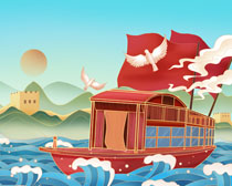 中国风龙船大海绘画PSD素材