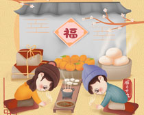 中国新年习俗插画PSD素材