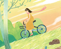 骑自行车女孩插画PSD素材