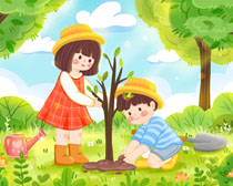 卡通儿童植树节插画PSD素材