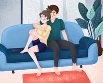 沙发上的甜蜜情侣插画PSD素材