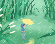 雨季绿草户外男孩绘画PSD素材