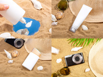 夏日沙灘護膚品攝影高清圖片