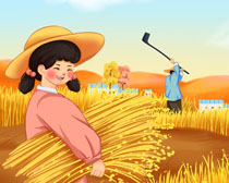 勤勞的人民收割稻田繪畫PSD素材