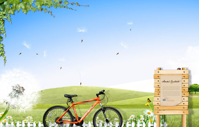 栅栏自行车春季海报背景psd素材
