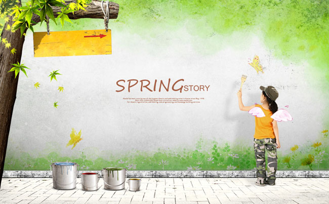 绿色墙壁春天气息海报设计PSD素材