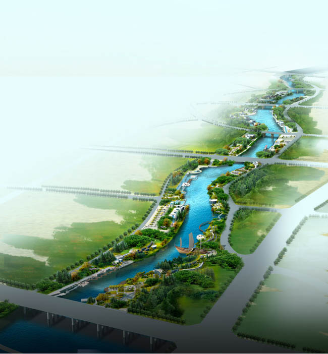 河道两边景观设计鸟瞰图PSD素材