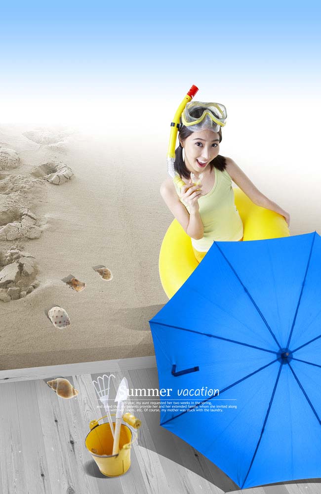 海滩女人与雨伞PSD素材