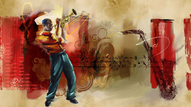 吹乐器的男人油画PDS素材 - 爱图网设计图片素